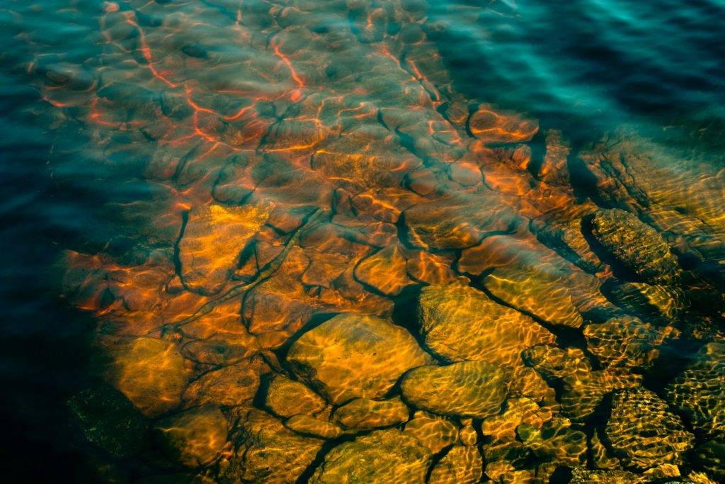 Close-up of river water for water testing kits to check the quality of natural water in a river.